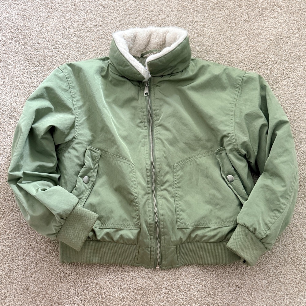 Colorful Planet Bomber Jacket Kids Size S 7/8 Sage Green Faux Fur Collar Quilted